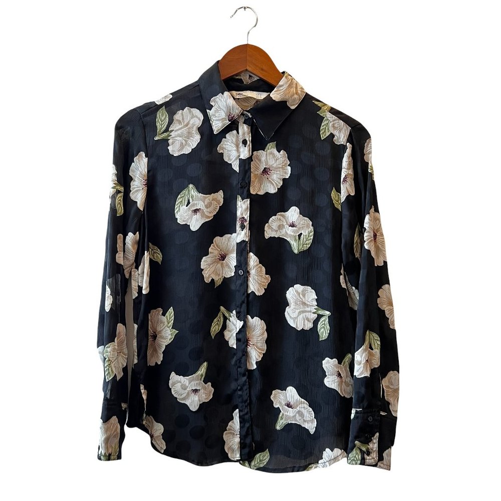 Zara Black White Poppy Polka Dot Floral Button Down Long Sleeve Top Blouse